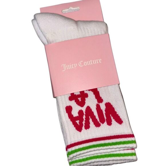 Juicy Couture White & Pink VIVA LA JUICY Women’s Ribbed Crew Athletic Socks - Picture 3 of 11